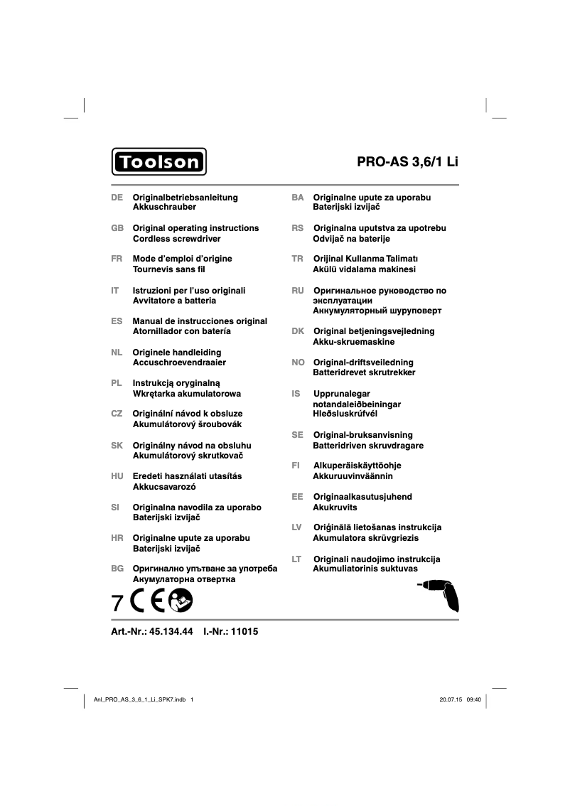 Page 1 de la notice Manuel utilisateur Toolson PRO-AS 3,6/1 Li