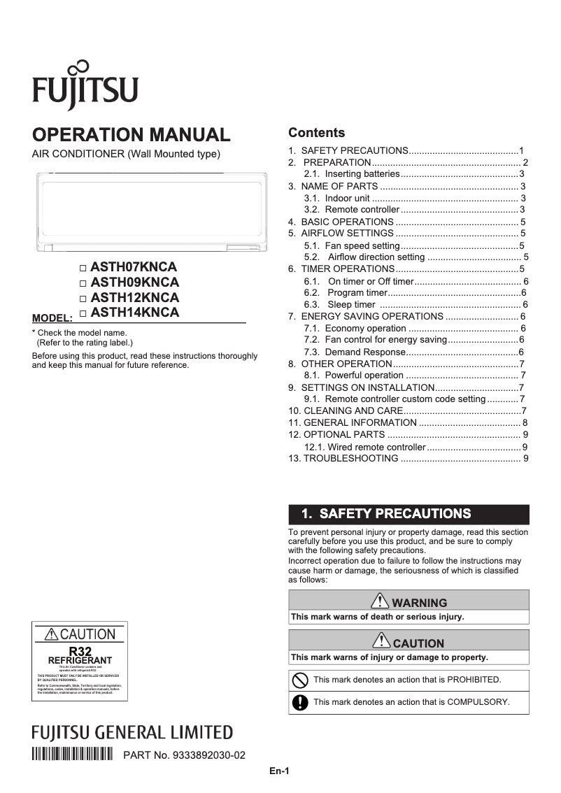 Page 1 of the manual User Manual Fujitsu ASTH14KNCA