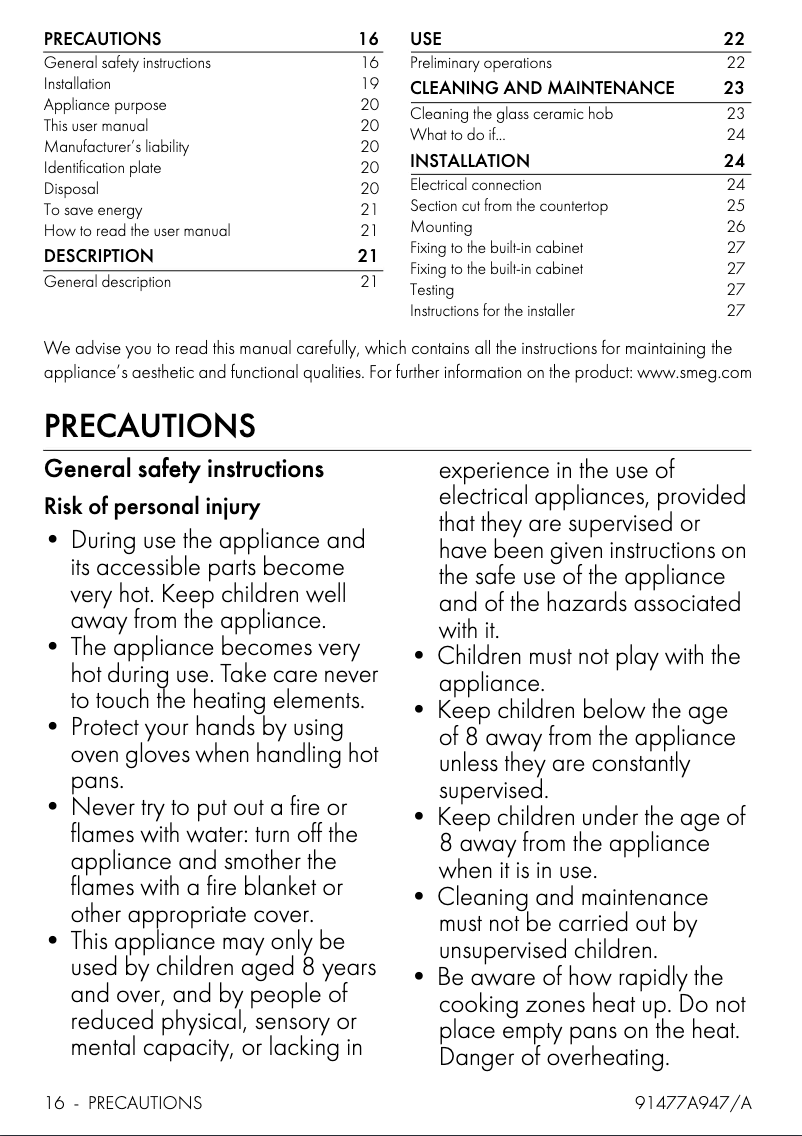 Página 1 del manual Manual de usuario Smeg P875AO