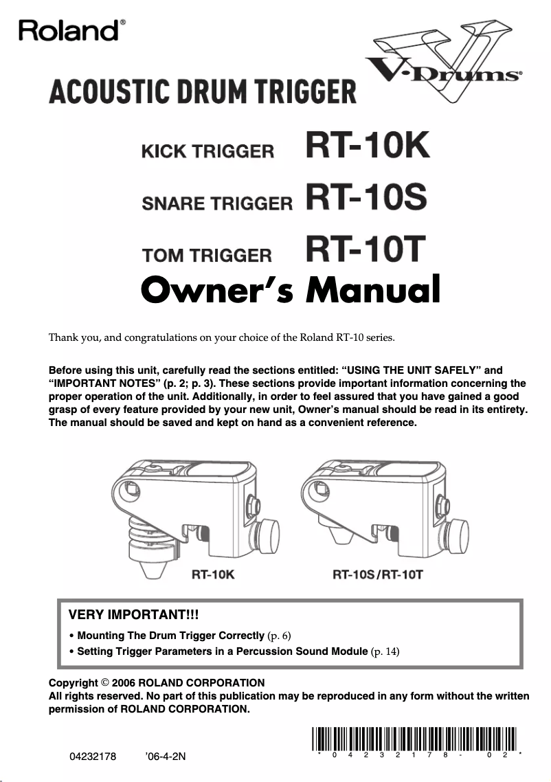 Page 1 de la notice Manuel utilisateur Roland RT-10K
