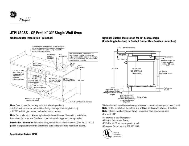Page n°1 - Fiche technique GE Profile JTP17SCSS