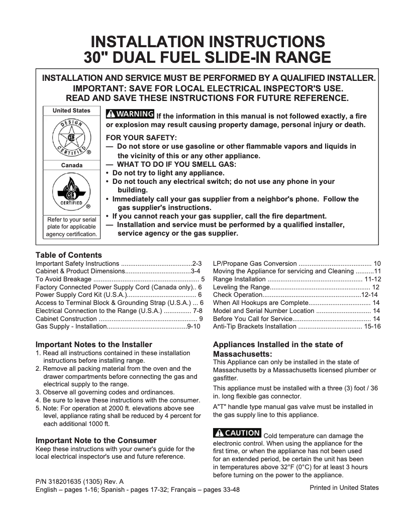 Page 1 de la notice Guide d'installation Frigidaire FPDS3085PF