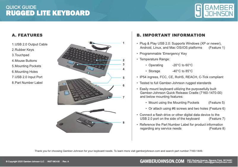 Page 1 de la notice Manuel utilisateur Gamber-Johnson Rugged Lite Keyboard
