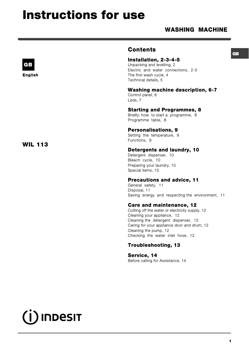 Página 1 del manual Manual de usuario Indesit WIL 113 UK (BG) PMC