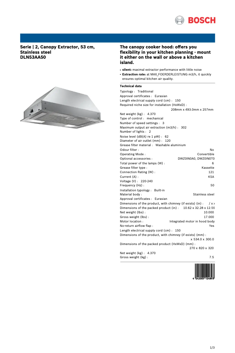 Page 1 de la notice Fiche technique Bosch DLN53AA50