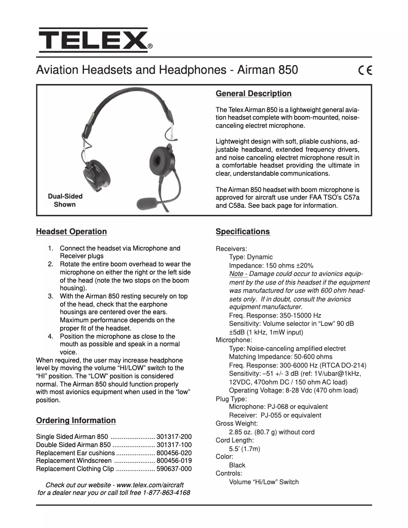 Página 1 del manual Ficha técnica Telex Airman 850