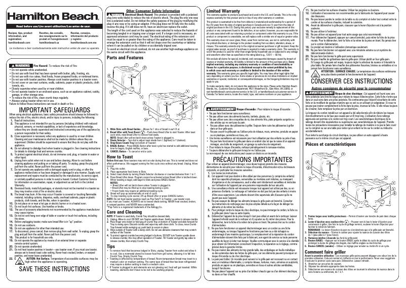Page 1 de la notice Manuel utilisateur Hamilton Beach 22997F