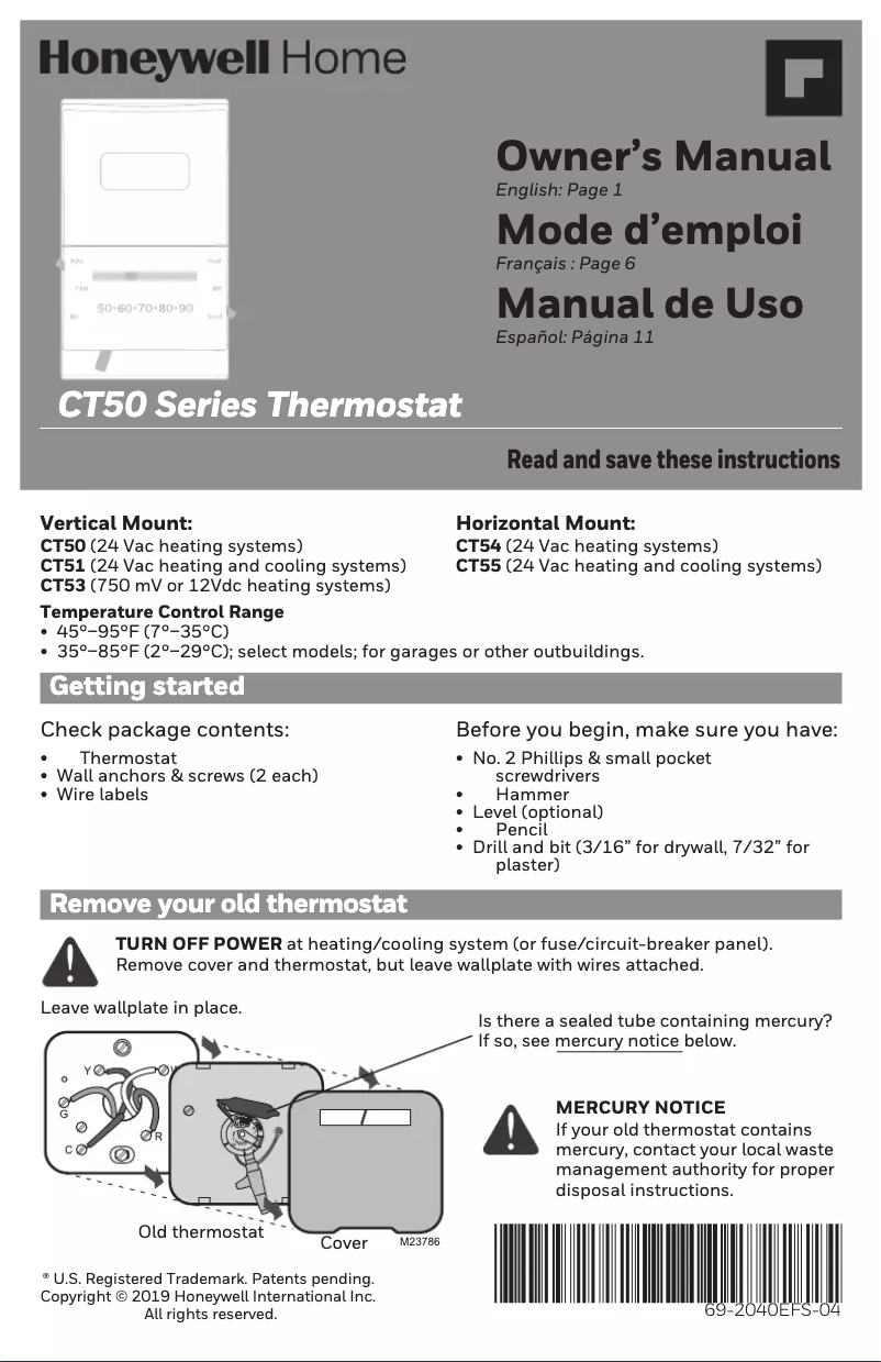 Page 1 de la notice Manuel utilisateur Honeywell CT50K1028/E