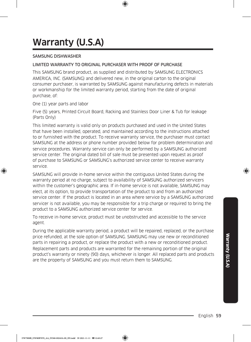 Page 1 de la notice Informations de garantie Samsung DW80B7070UG