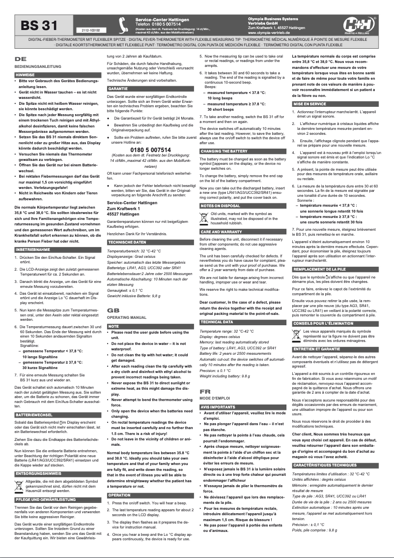 Page 1 de la notice Manuel utilisateur Olympia BS 31