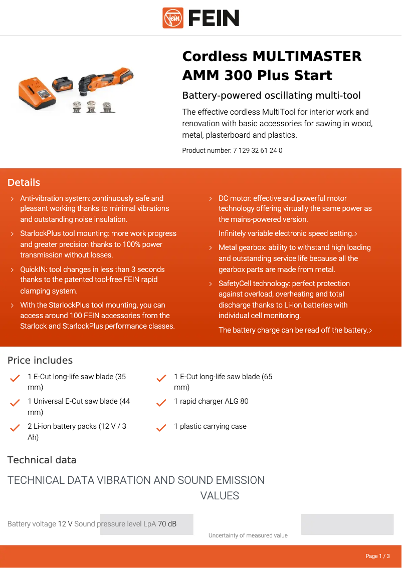 Page 1 de la notice Fiche technique Fein Multimaster AMM 300 Plus Start