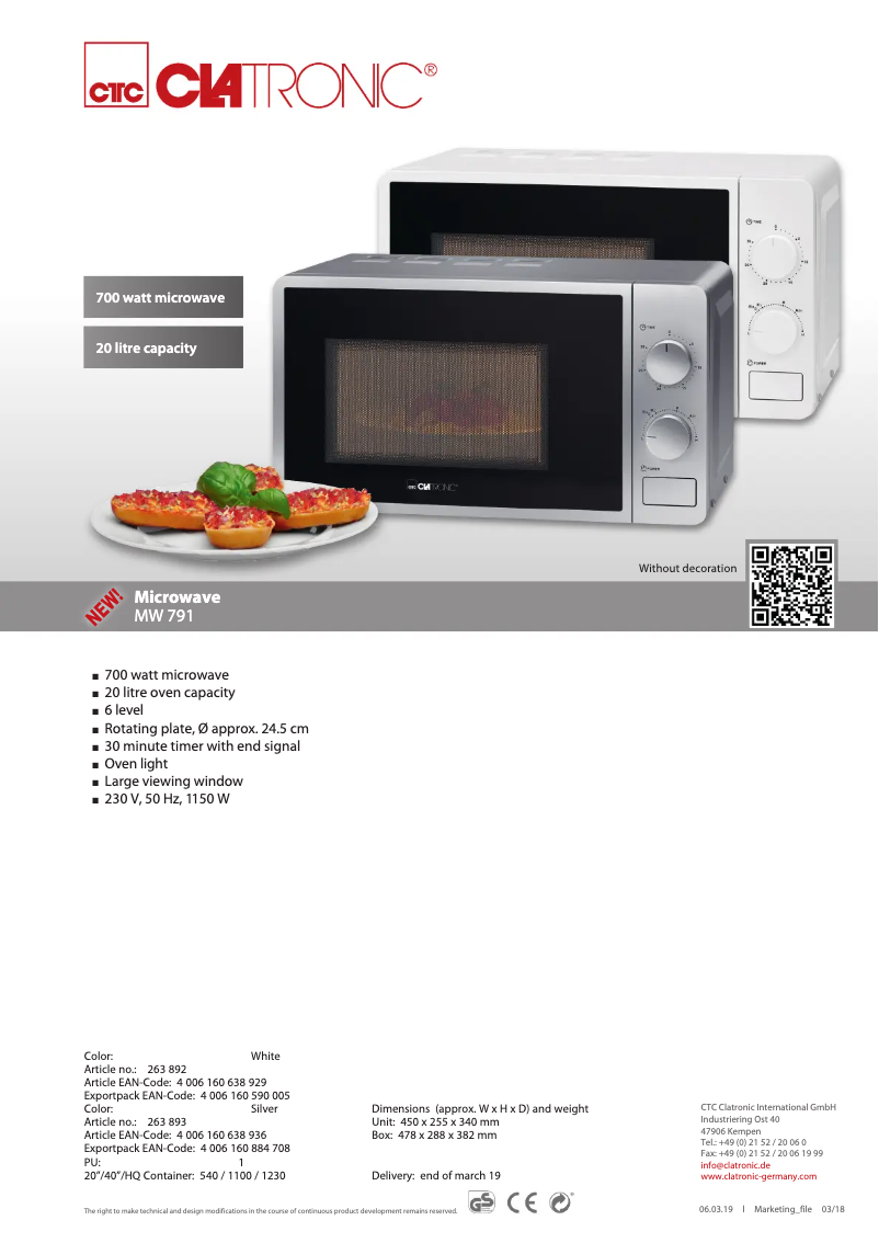 Page 1 de la notice Fiche technique Clatronic MW 791