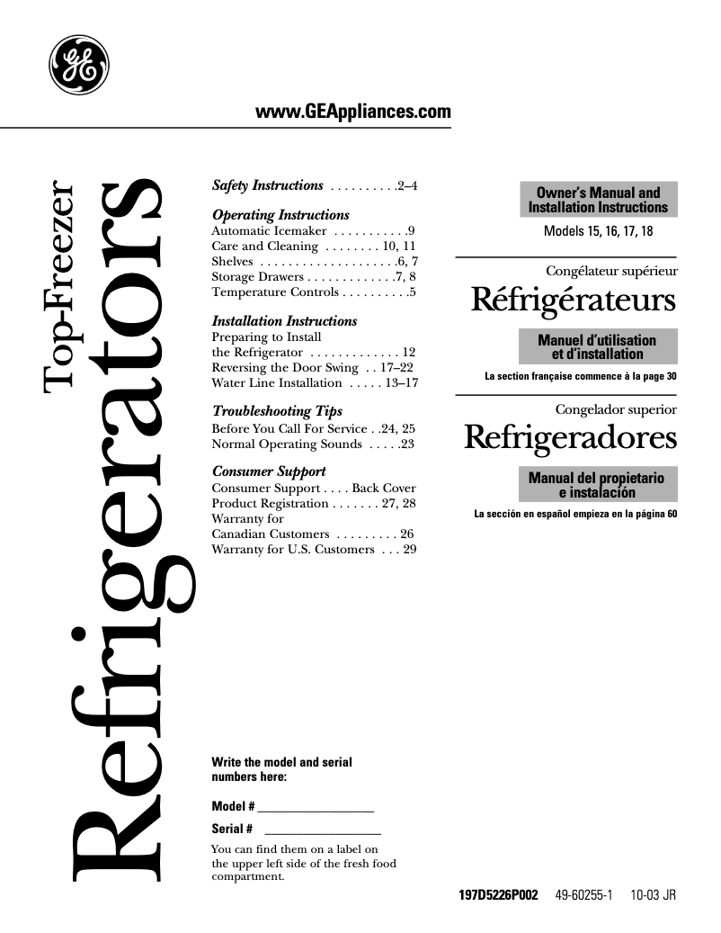 Page n°1 - Guide d'installation GE GTS15BCRLWW