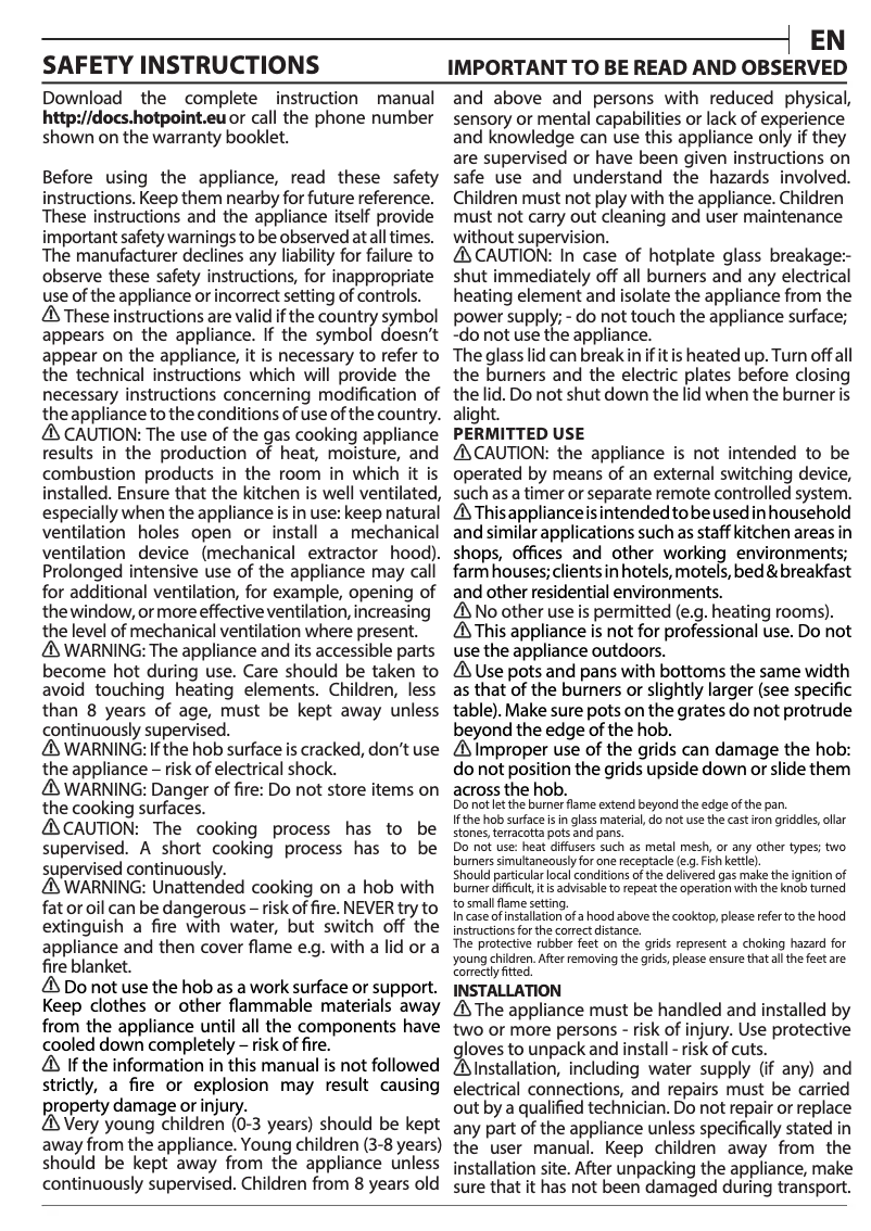 Página 1 del manual Instrucciones / montaje Hotpoint PCN 642 /H(BK)