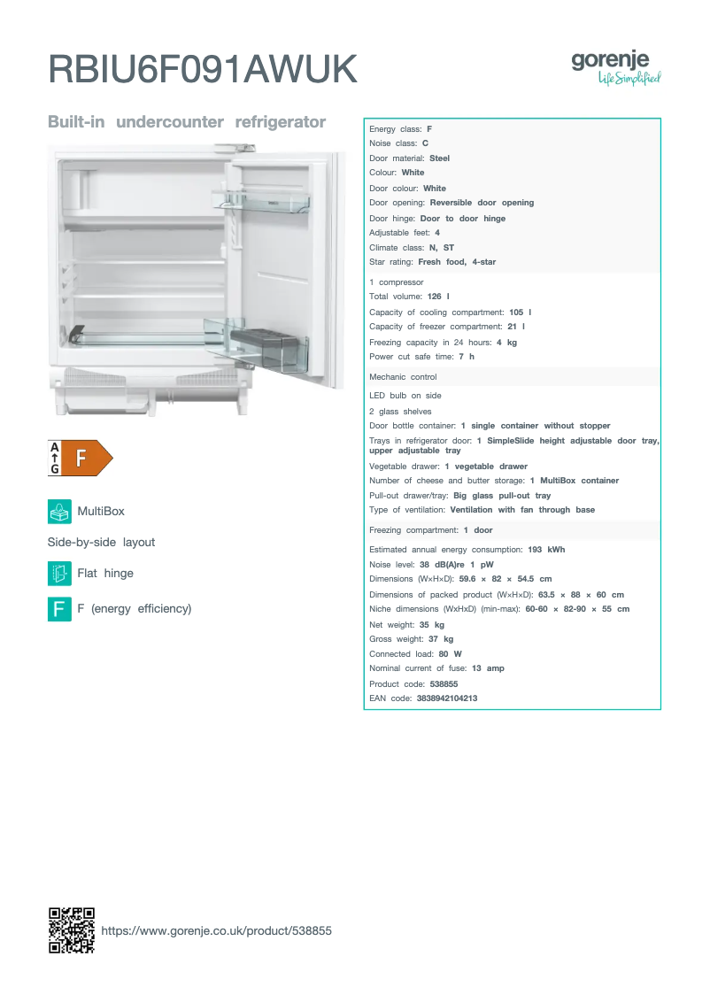 Página 1 del manual Ficha técnica Gorenje RBIU6F091AWUK