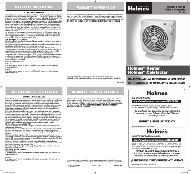 Page 1 de la notice Manuel utilisateur Jarden HFH103-UM