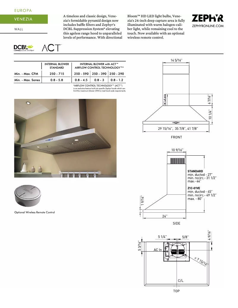 Página 1 del manual Ficha técnica Zephyr Venezia ZVE-E36CS