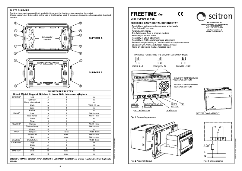 Page 1 de la notice Manuel utilisateur Seitron TCP ID0 BI-0SE Freetime