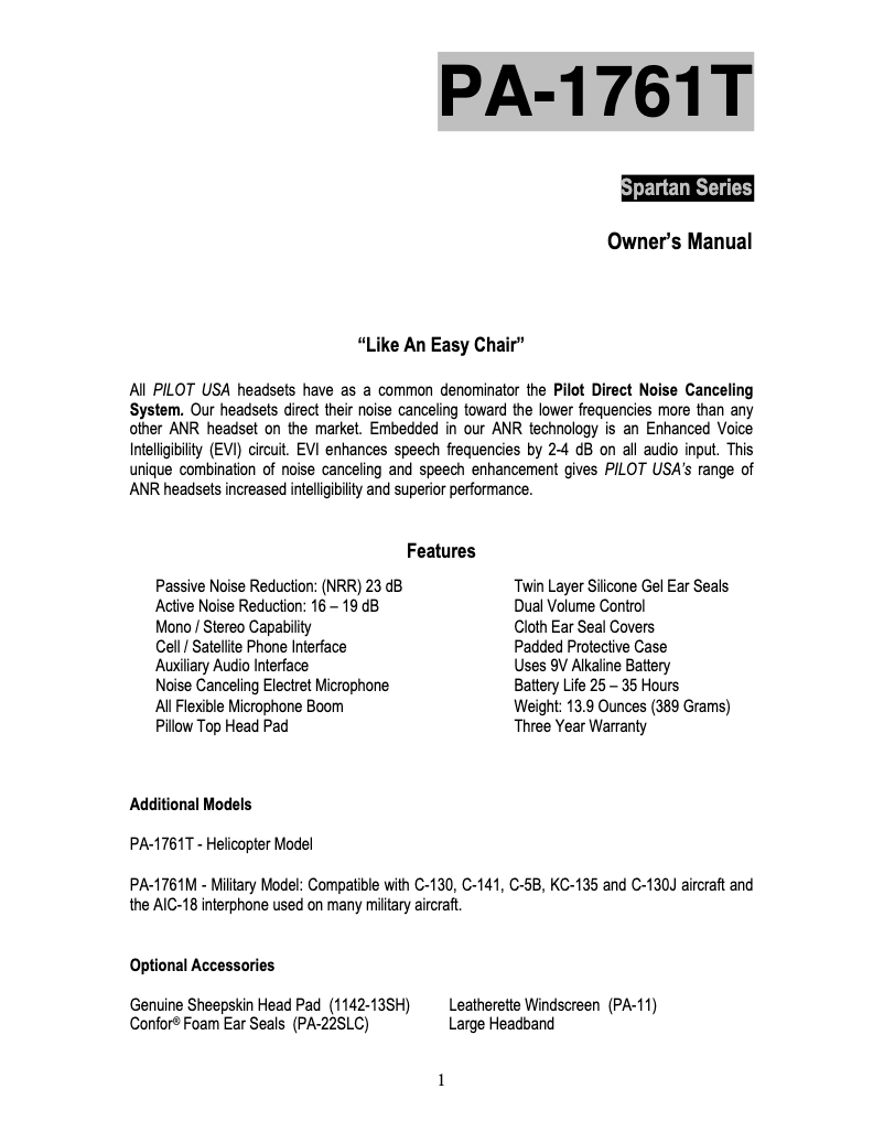 Page 1 de la notice Manuel utilisateur Pilot PA-1761TH