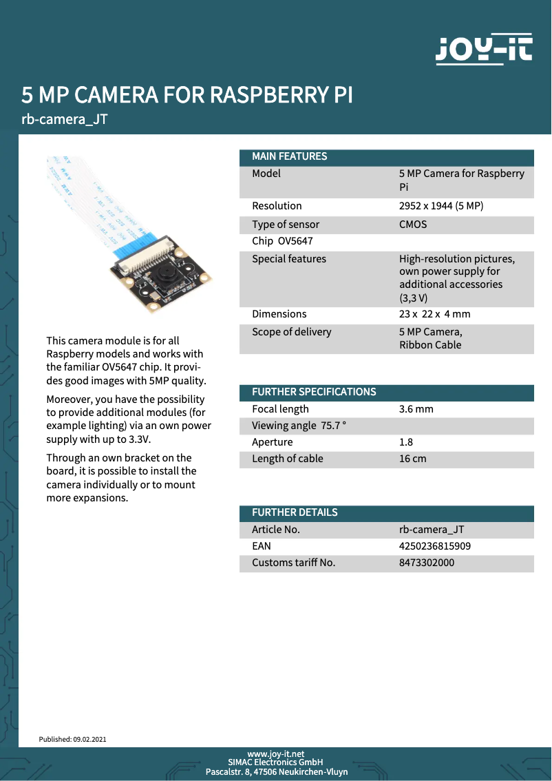 Página 1 del manual Ficha técnica Joy-It rb-camera_JT