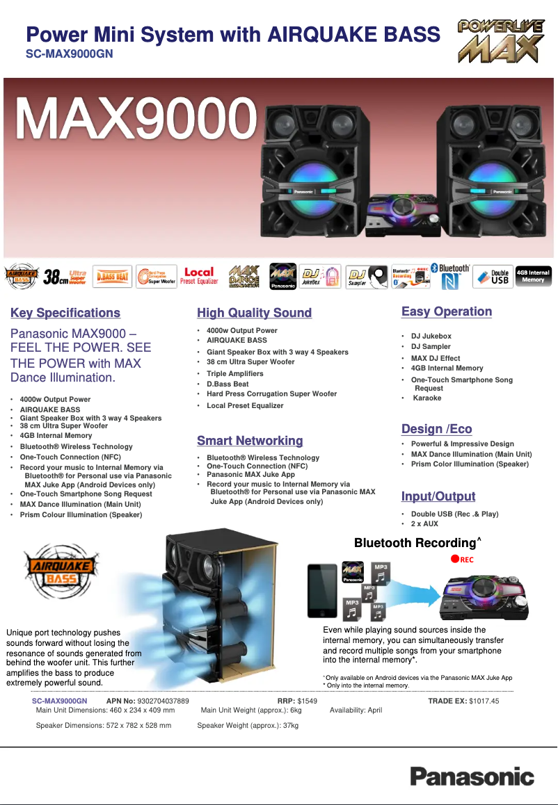 Page 1 de la notice Fiche technique Panasonic SC-MAX9000