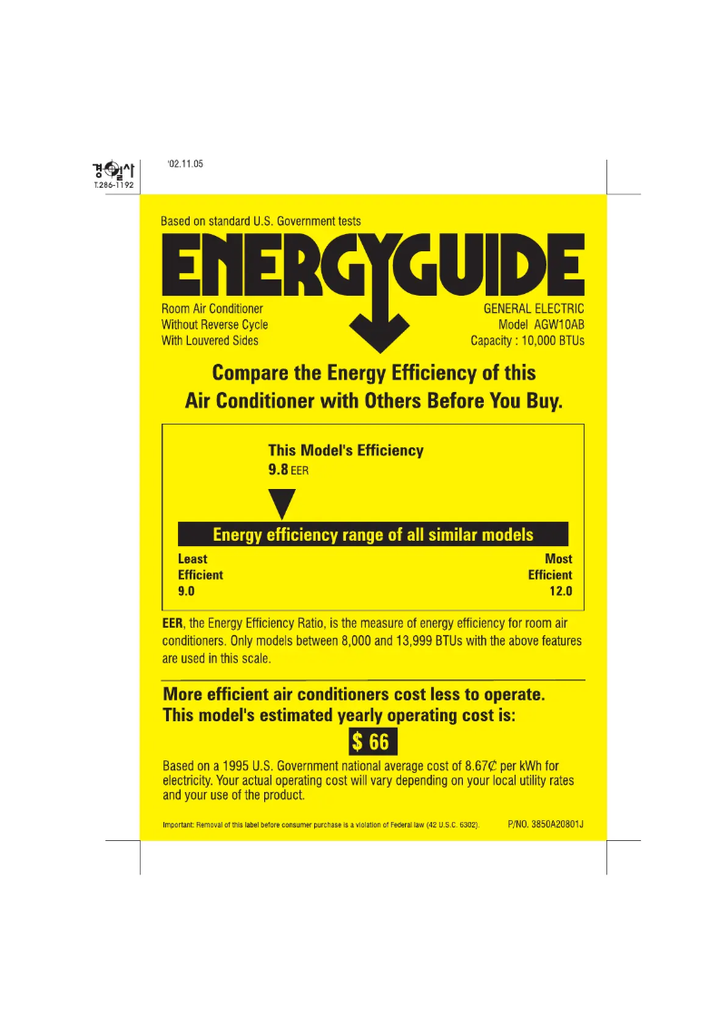 Page n°1 - Label énergétique GE AGW10AB