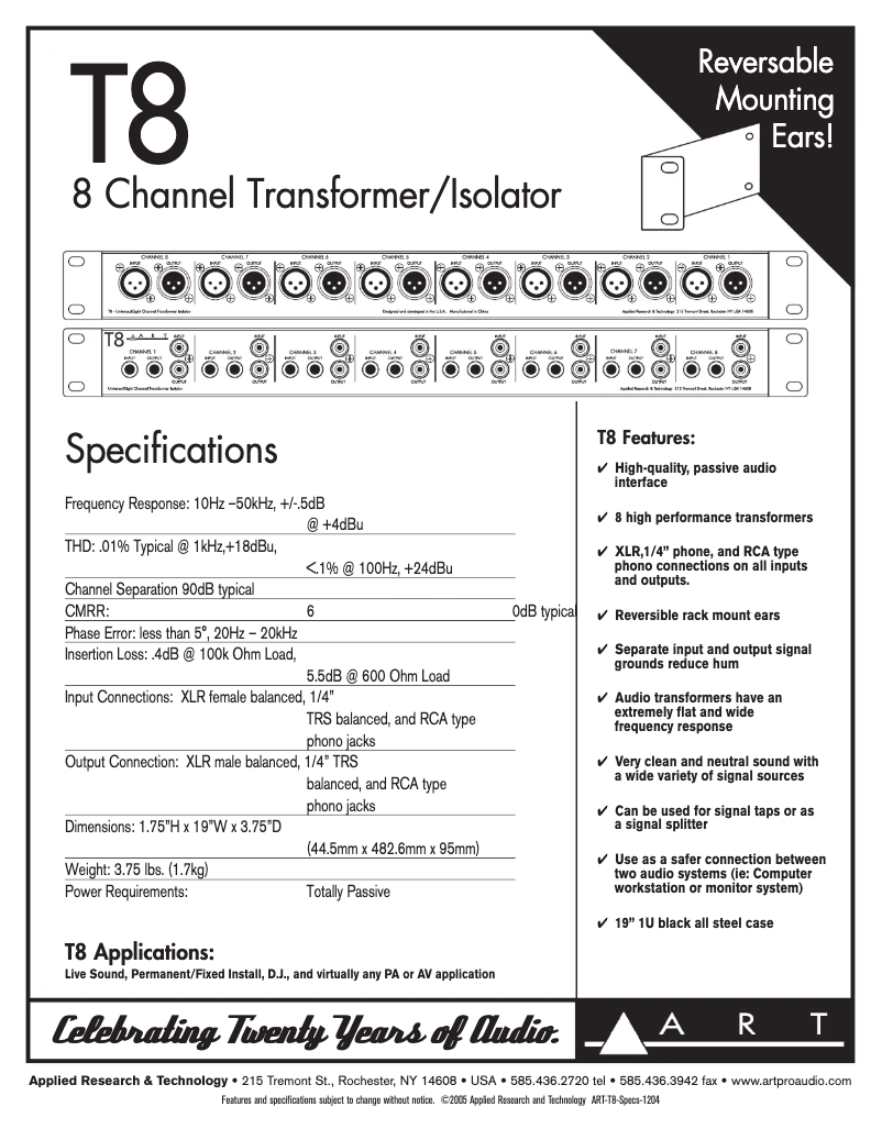 Page 1 de la notice Fiche technique ART ART T8