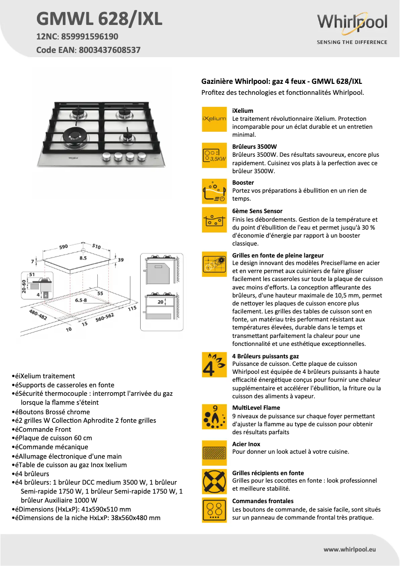 Page 1 de la notice Fiche technique Whirlpool GMWL 628/IXL