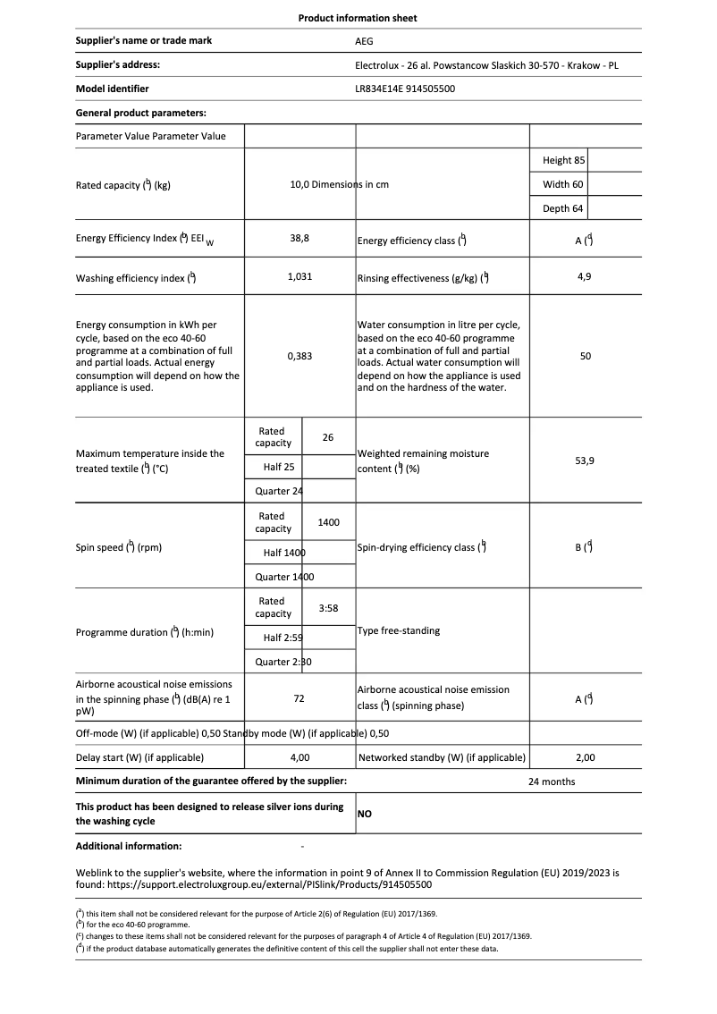 Page 1 de la notice Fiche technique AEG LR834E14E