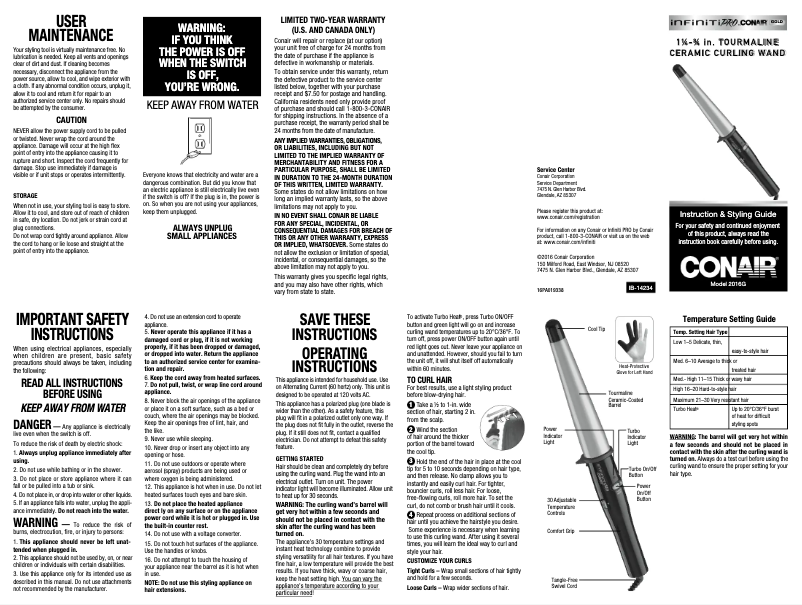 Página 1 del manual Manual de usuario Conair 2016NR