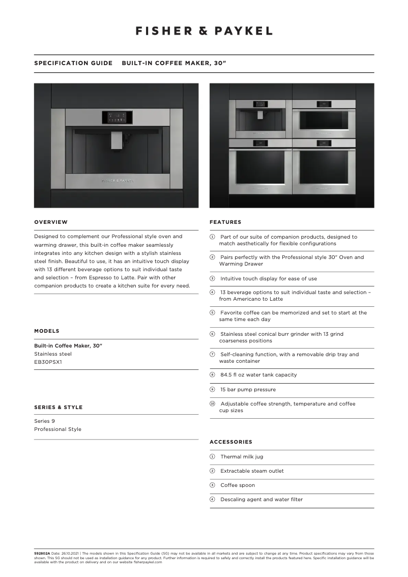 Page 1 de la notice Fiche technique Fisher & Paykel EB30PSX1