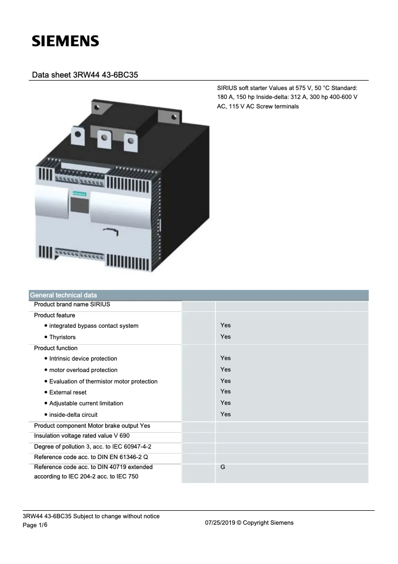 Page 1 de la notice Fiche technique Siemens 3RW4443-6BC35