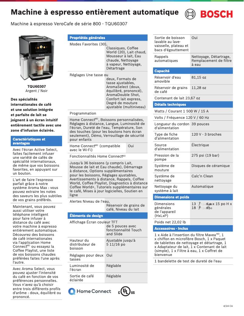 Page 1 de la notice Fiche technique Bosch TQU60307