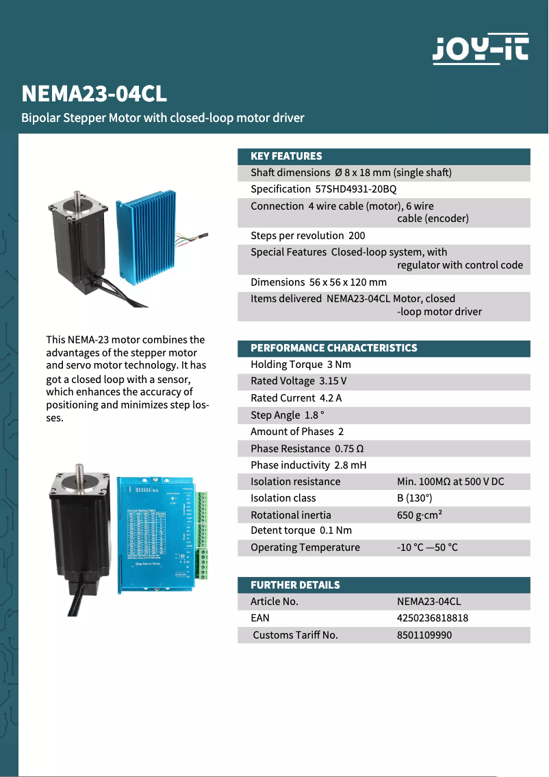 Página 1 del manual Ficha técnica Joy-It NEMA23-04CL
