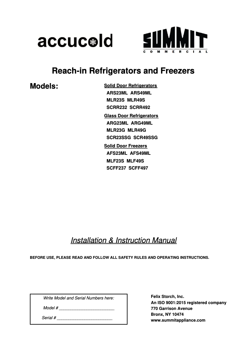Page 1 de la notice Manuel utilisateur Accucold ARG23ML