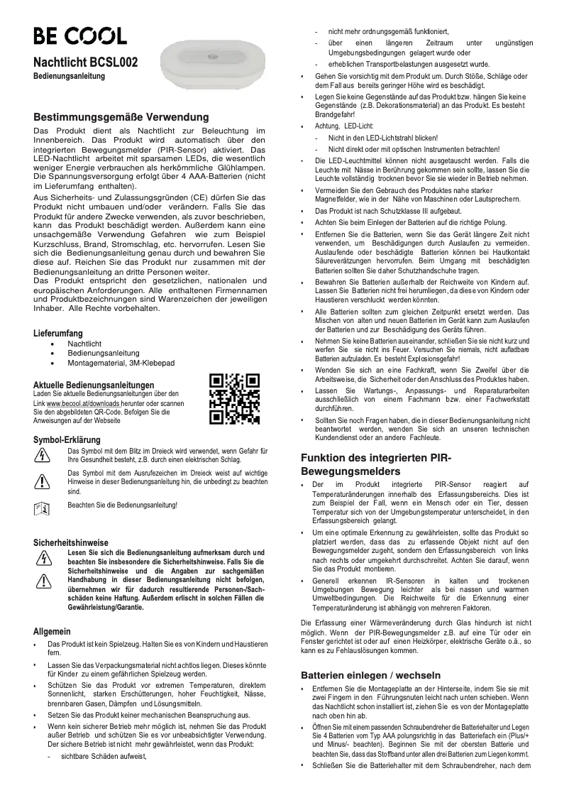 Page 1 de la notice Manuel utilisateur Be Cool BCSL002