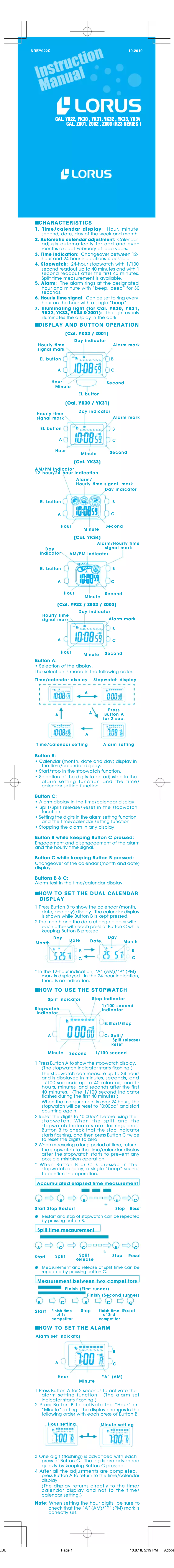 Page 1 de la notice Manuel utilisateur Lorus YK34