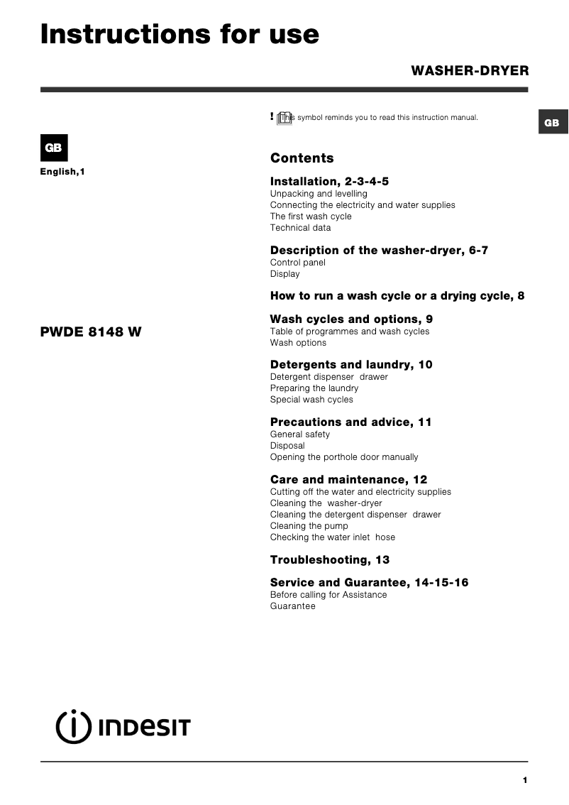 Page 1 de la notice Manuel utilisateur Indesit PWDE 8148 S (UK)