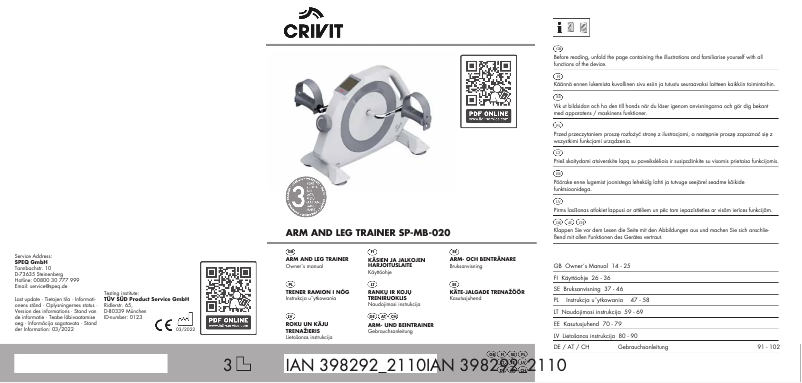 Page 1 de la notice Manuel utilisateur Crivit SP-MB-020