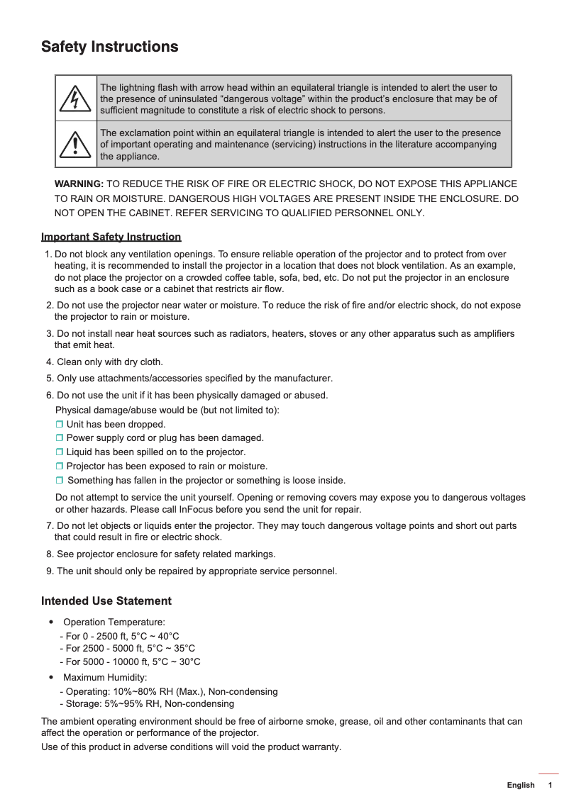 Page 1 de la notice Manuel utilisateur InFocus INL3148HD
