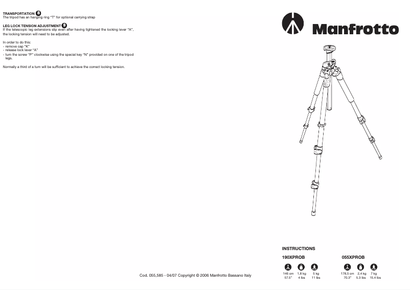 Page 1 de la notice Manuel utilisateur Manfrotto 055XPROB