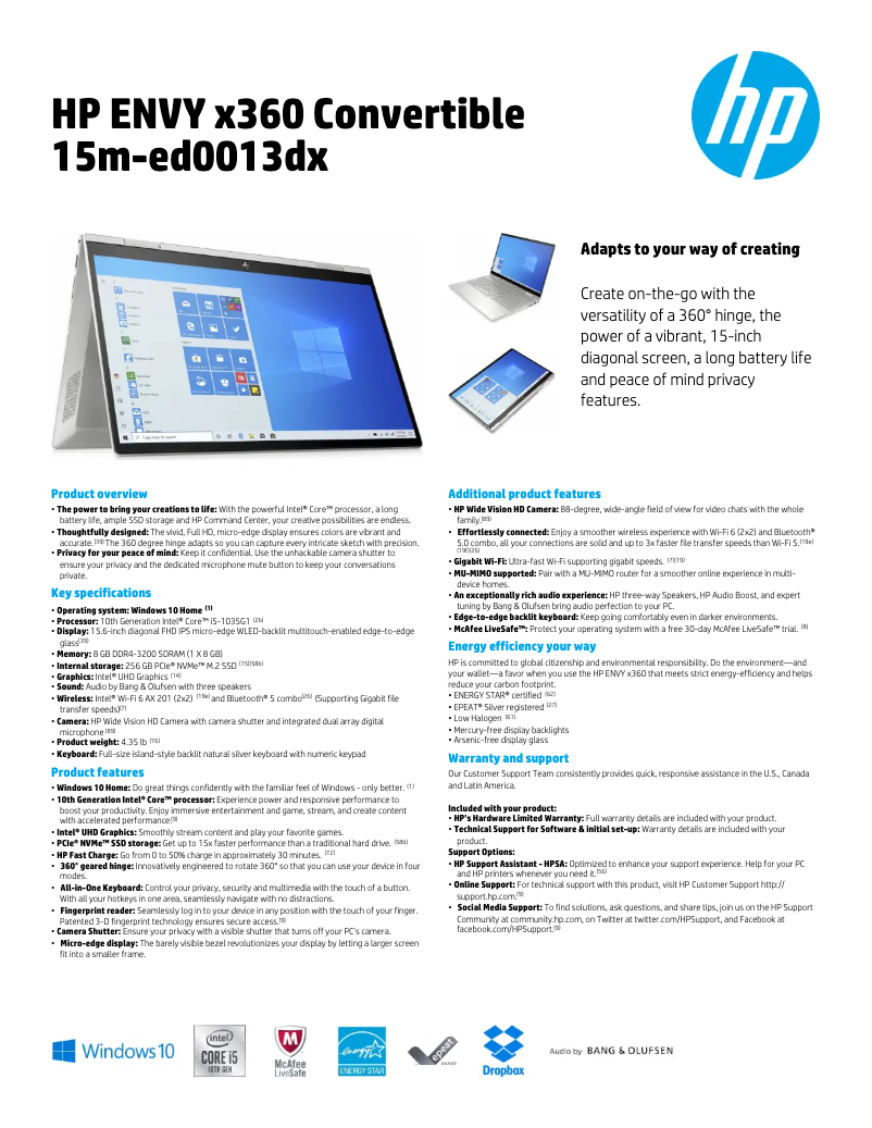 Page 1 de la notice Fiche technique HP ENVY x360