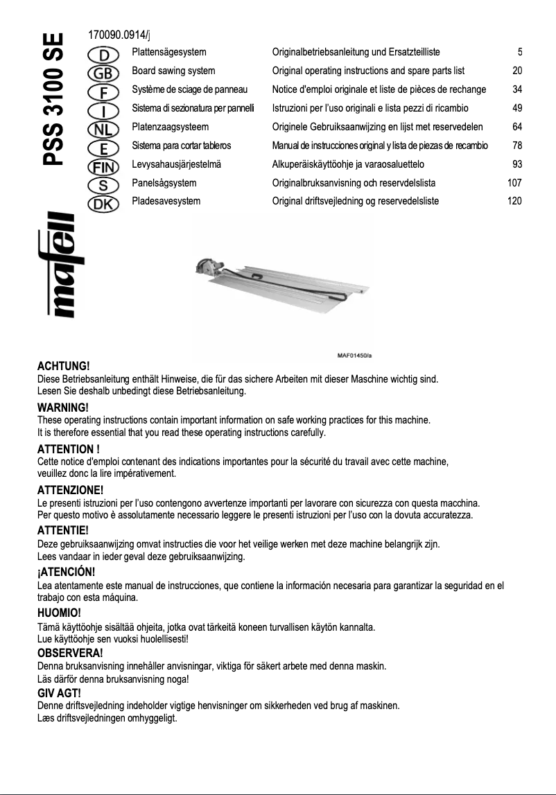 Page 1 de la notice Manuel utilisateur Mafell PSS 3100 SE
