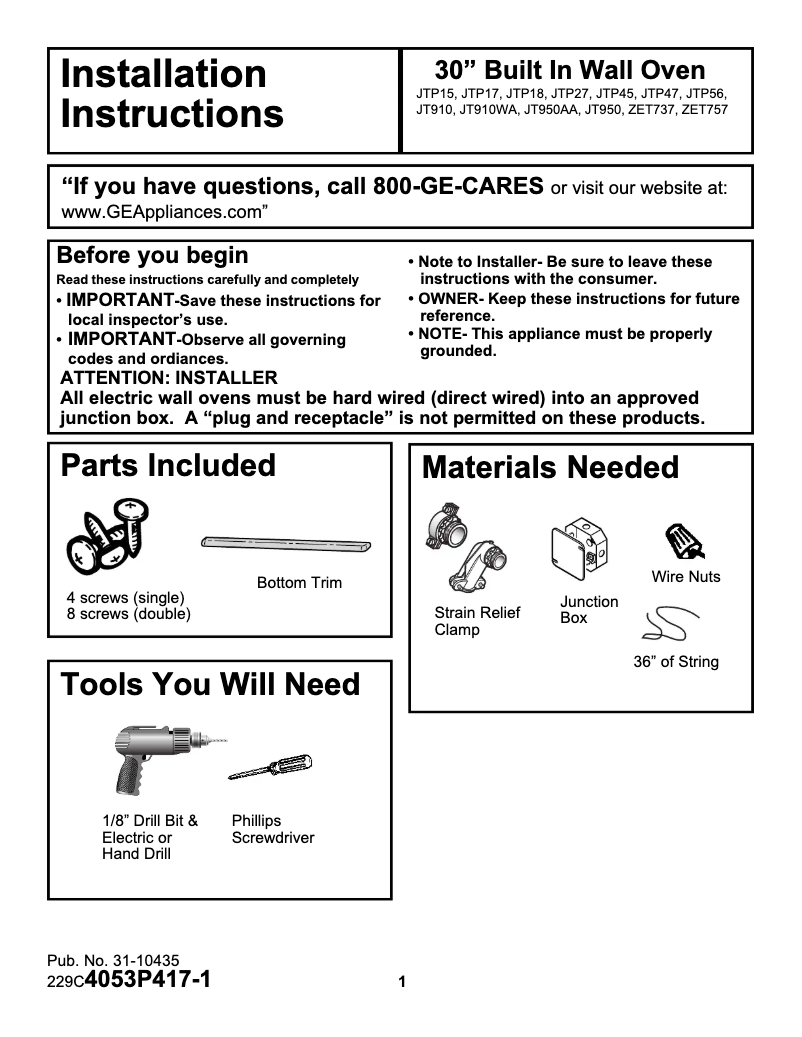 Page 1 of the manual Installation Guide GE ZET737WDWW