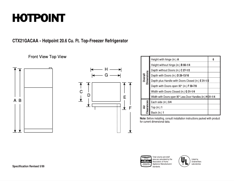 Page 1 de la notice Fiche technique Hotpoint CTX21GACAA