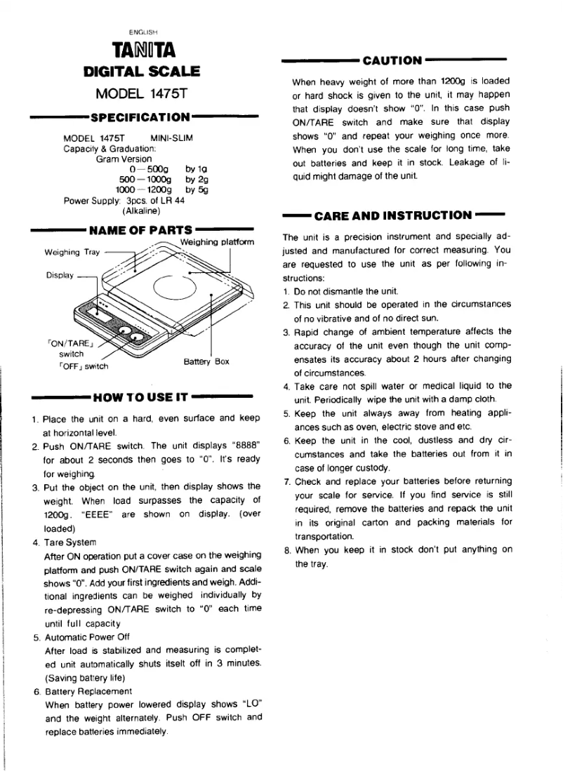 Page 1 de la notice Manuel utilisateur Tanita 1475T
