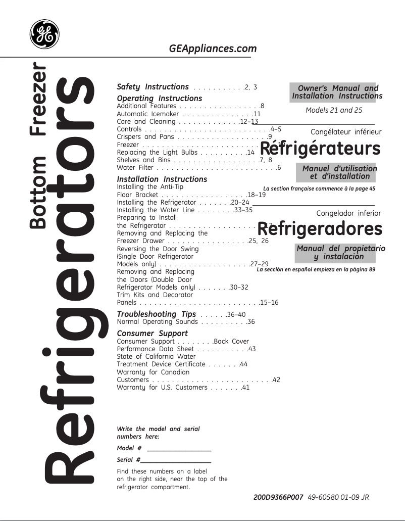 Page 1 de la notice Manuel d'utilisation et d'entretien GE Profile PFIC1NFYWV