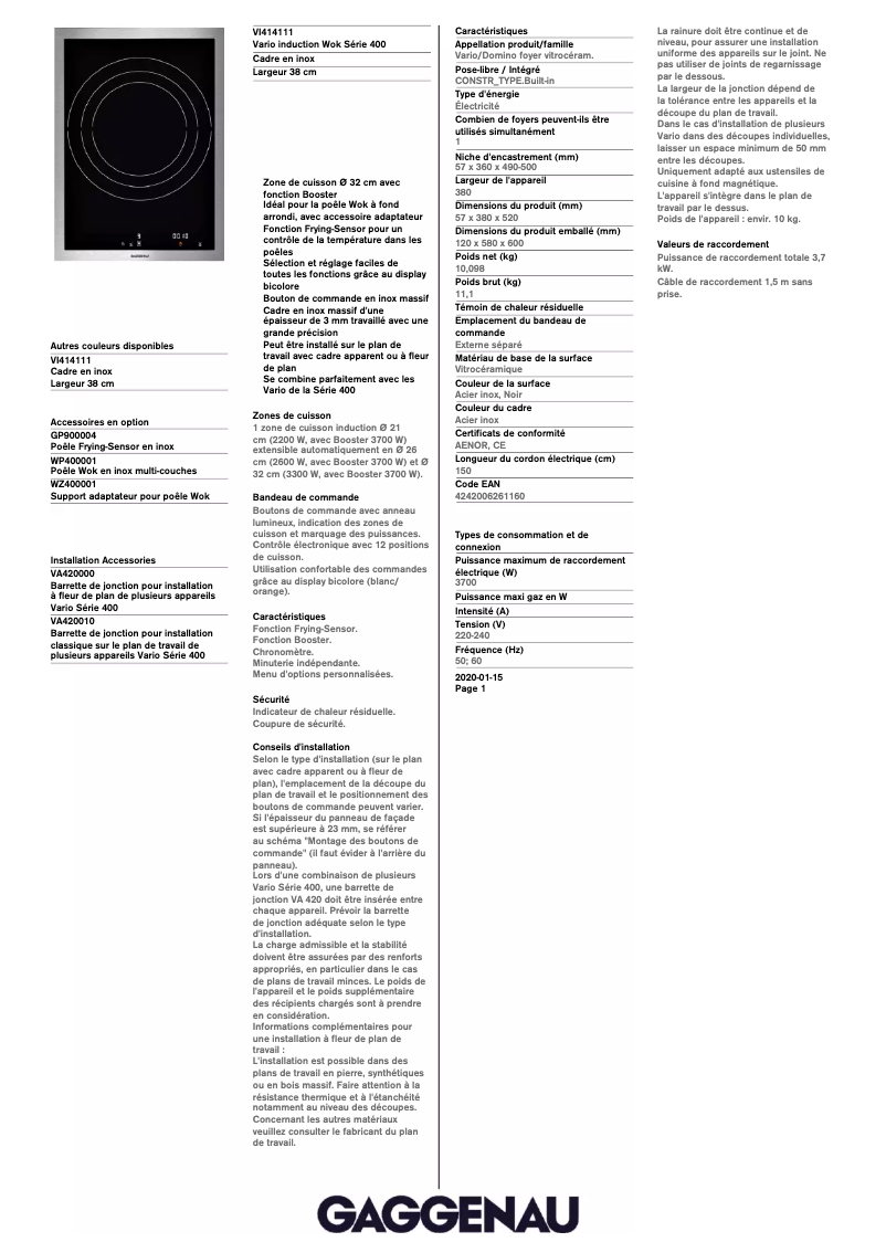 Página 1 del manual Ficha técnica Gaggenau VI414111
