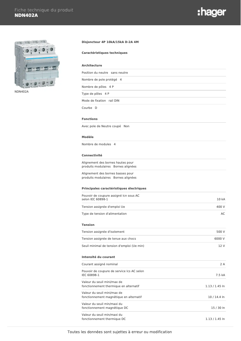 Page 1 de la notice Manuel utilisateur Hager NDN402A