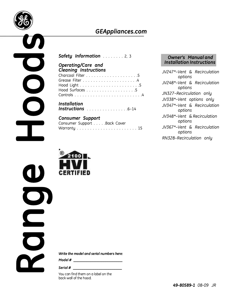 Página 1 del manual Manual de uso y mantenimiento GE JV347XWW